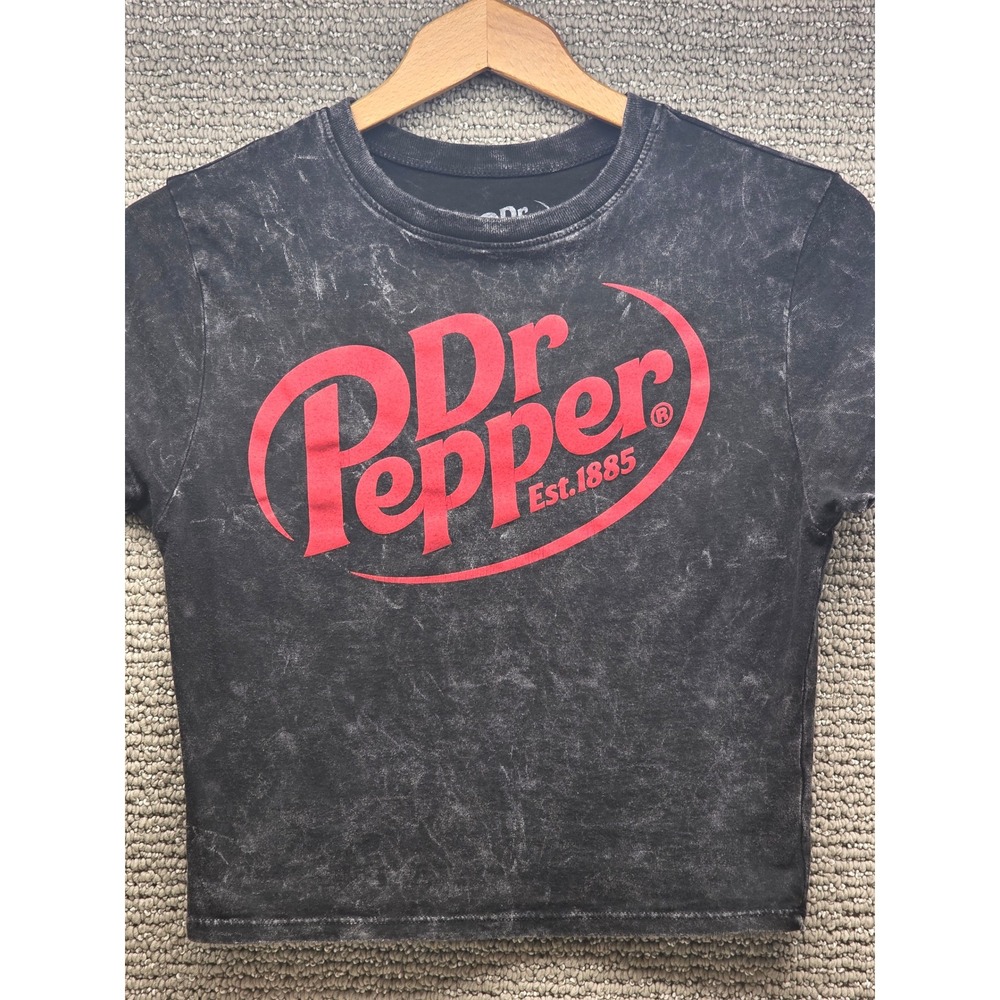 Dr Pepper Graphic Tee Womens Medium Charcoal Grey Acid Wash Cropped T-Shirt